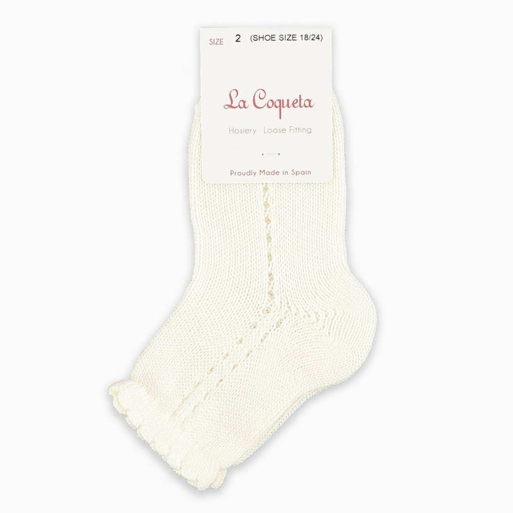 NWT La Coqueta Off-White Girl’s Short Openwork Socks, Size 4Y